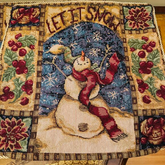 LET IT SNOW Snowman Holiday Tapestry Double Sided Zipper Pillow Covers Set of 2 - Picture 2 of 5